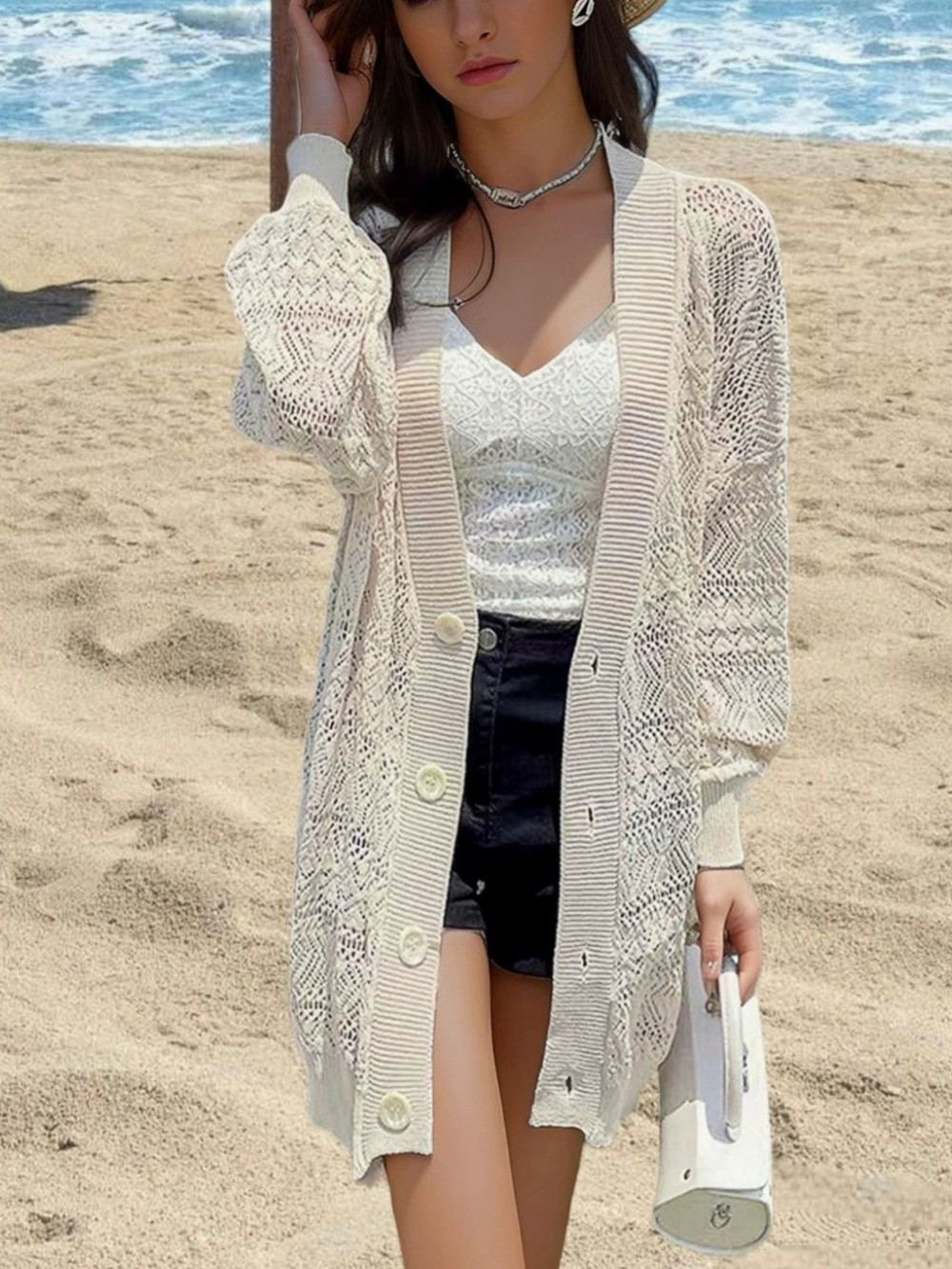ZARA Beach Cover Up Cardigan Hollow Out Lantern Sleeve Single Breasted Knit